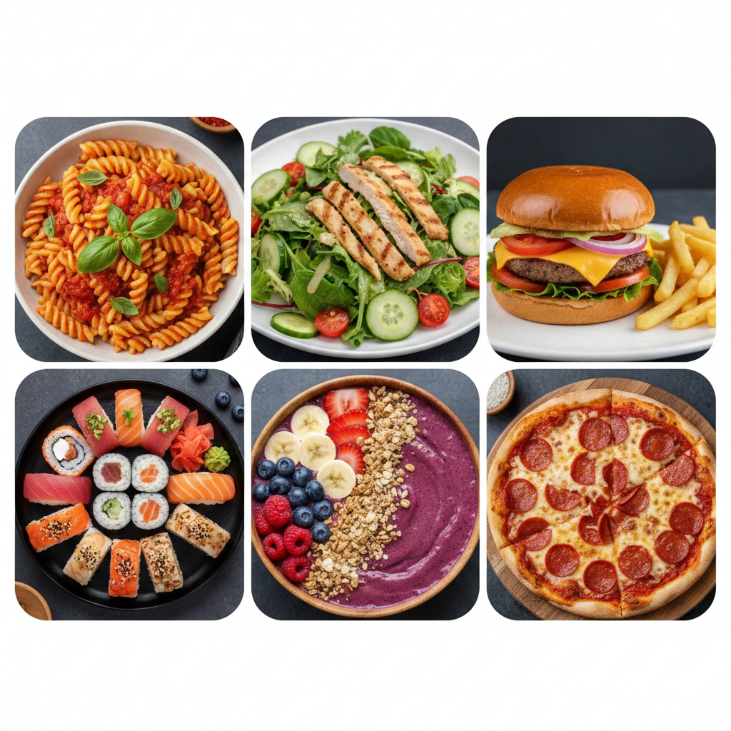 Food folder showing meals with calorie and carb overlays