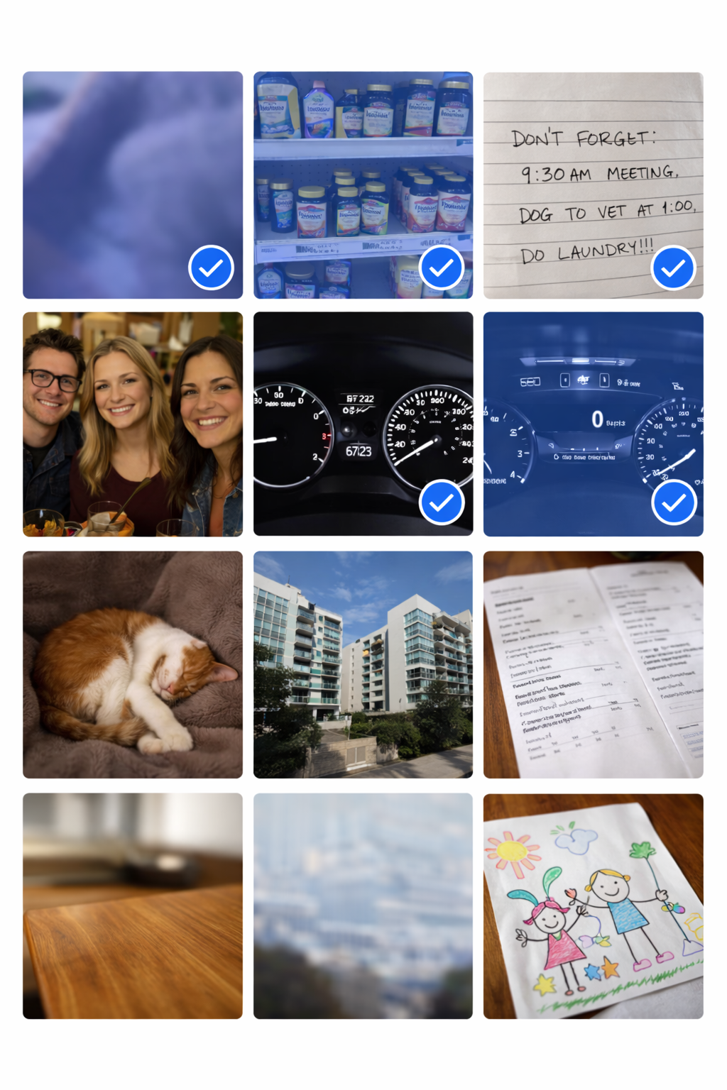 Photo grid with multiple photos selected showing blue checkmarks